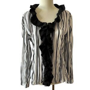 SAMUEL DONG TOP L PLEATED RUFFLE ZIP FRONT STRIPED CAREER DRESSY ELEGANT CHIC
